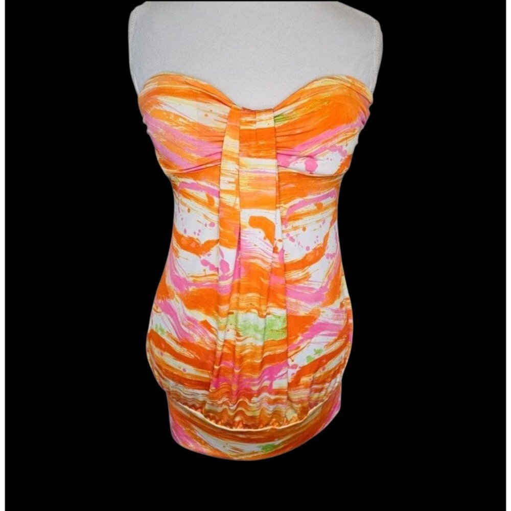 Y2K Wet Seal Strapless Babydoll Top Tunic Mini Dress Sz L Neon Orange Colorful